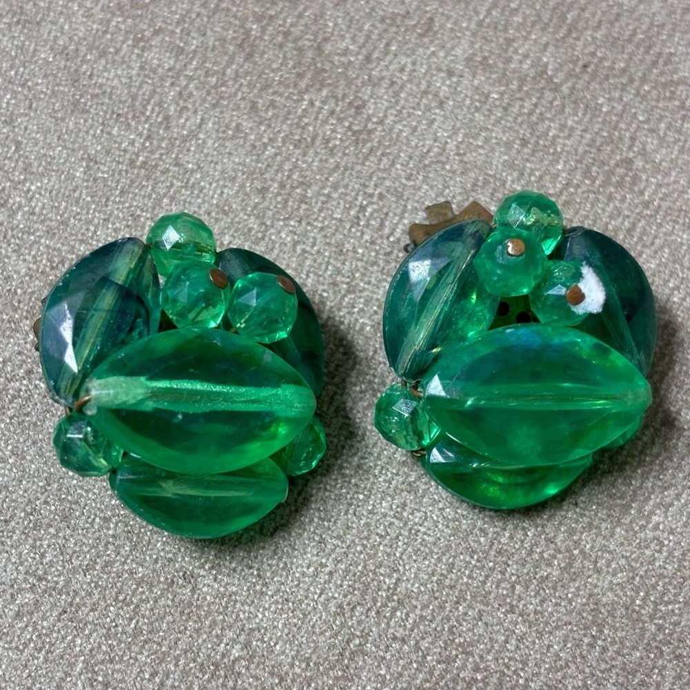 Vintage Green Beaded West Germany Clip On Earrings